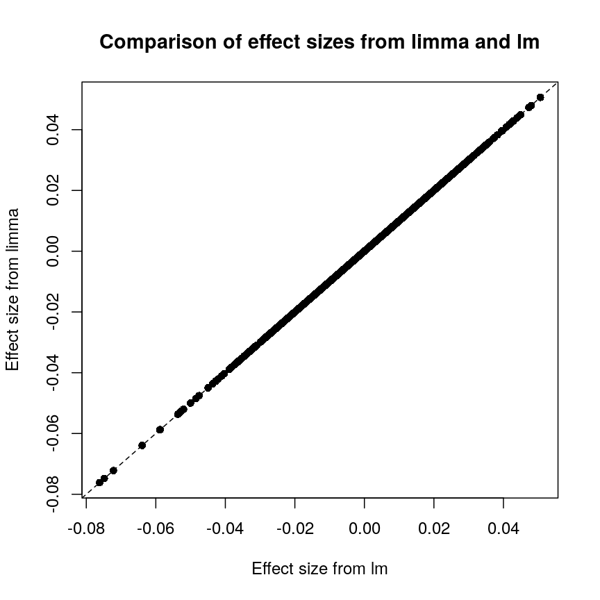 A scatter plot of the effect size using limmma vs. those using lm. The plot also shows a straight line through all points showing that the effect sizes are the same.