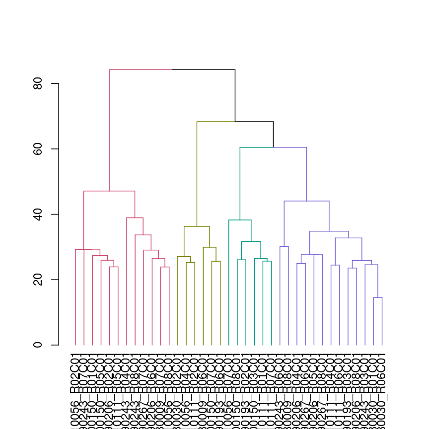 A dendrogram with the different clusters in 4 different colours.