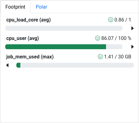 Cluster Cockpit Footprint panel summarizing central job characteristics