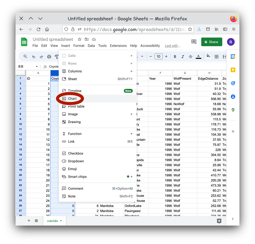 insert chart type menu