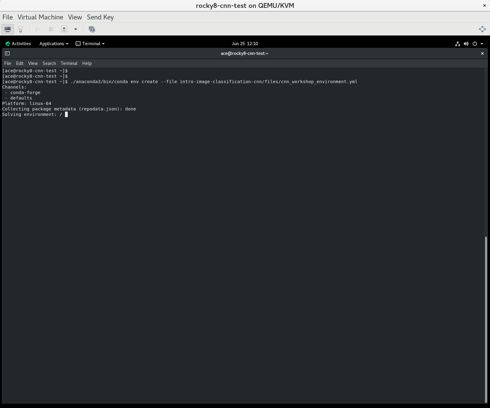 Screenshot of creating conda enviroment on a Linux.