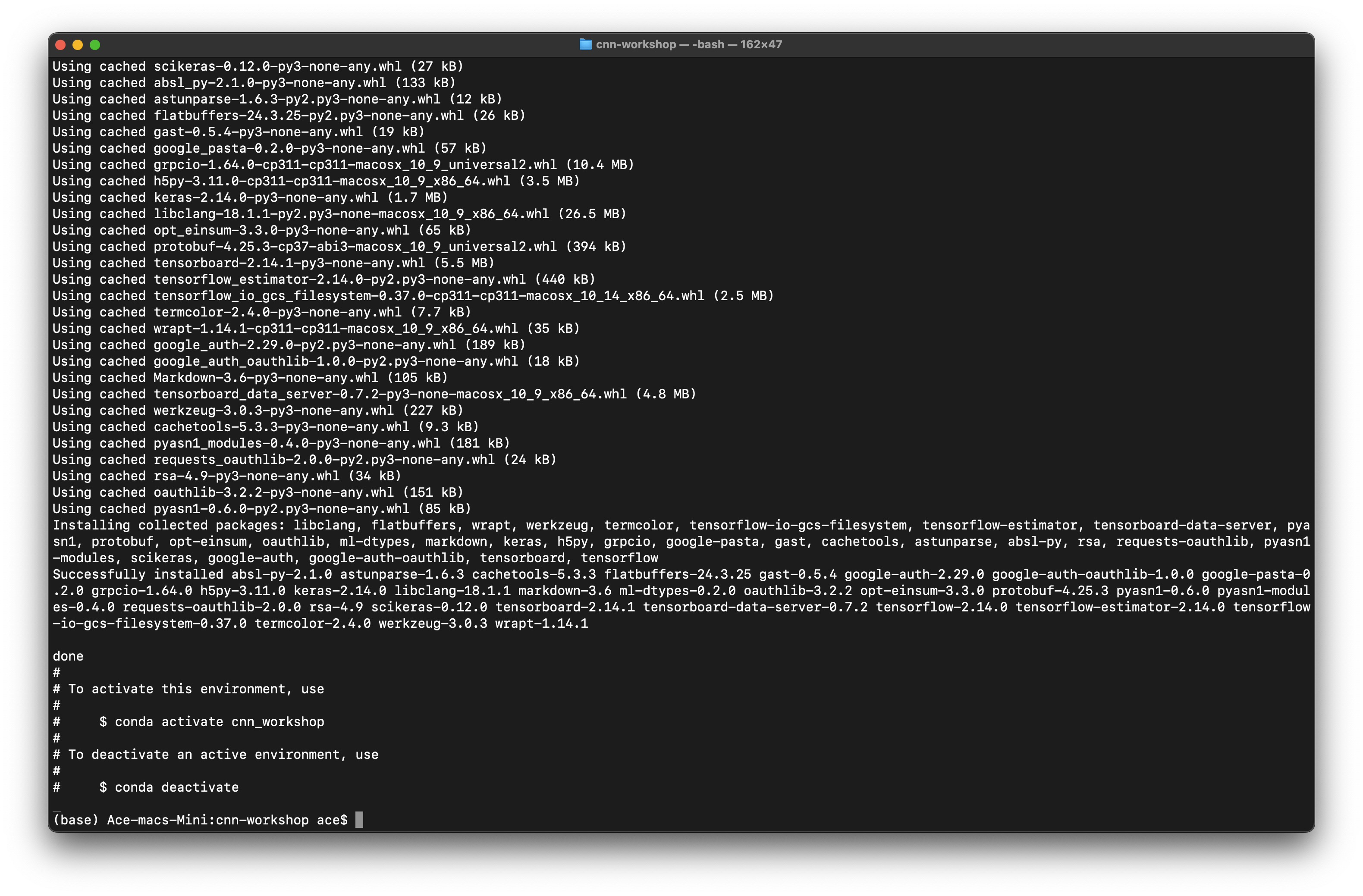 Screenshot of conda enviroment that has been created on a Mac.