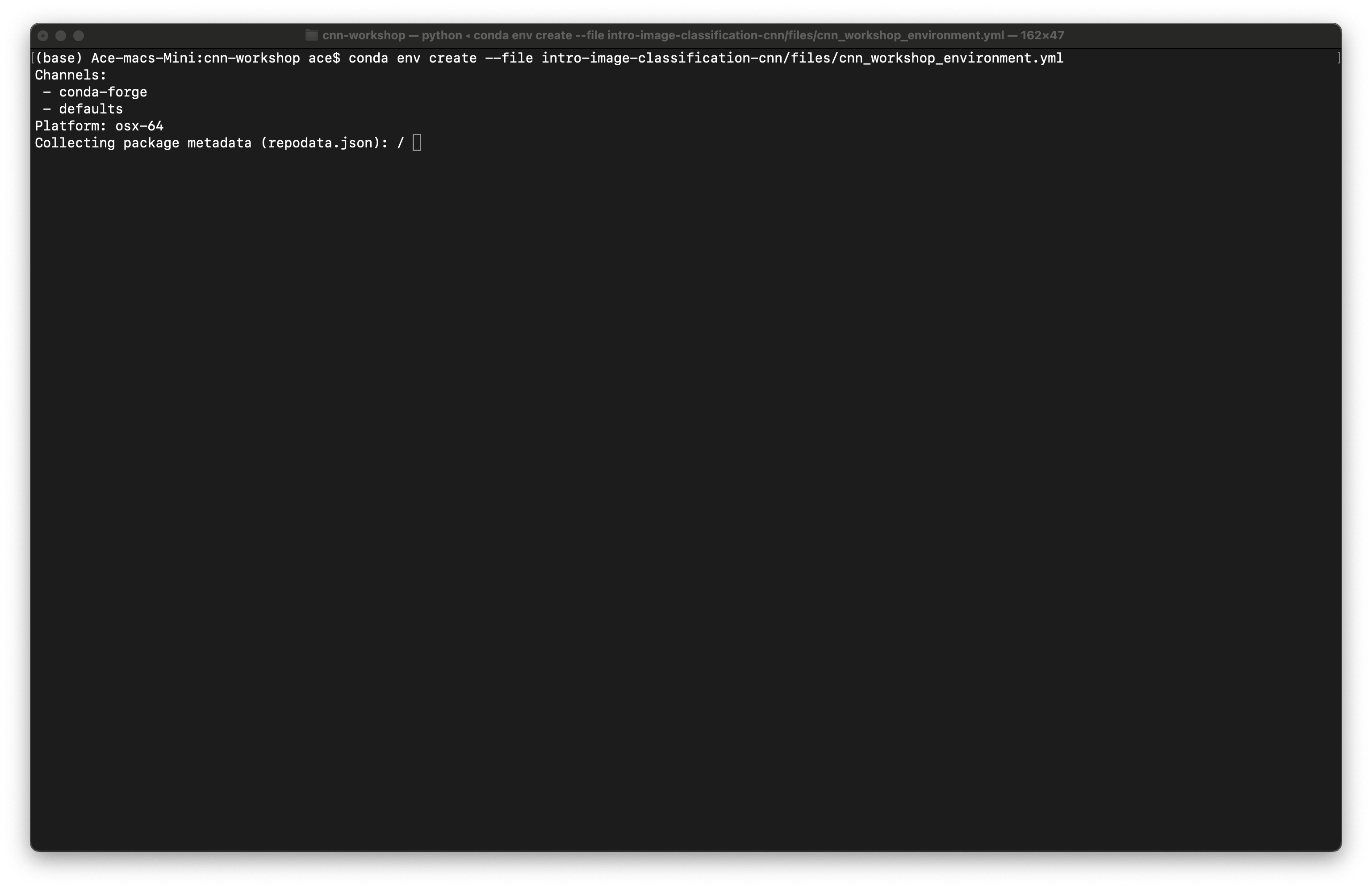 Screenshot of creating conda enviroment on a Mac.