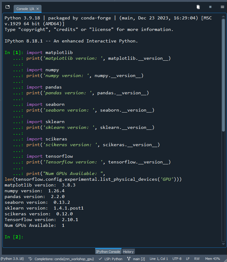 Screenshot of the IPython Console in Spyder wtih list of package versions, number of GPUs available and no error messages.