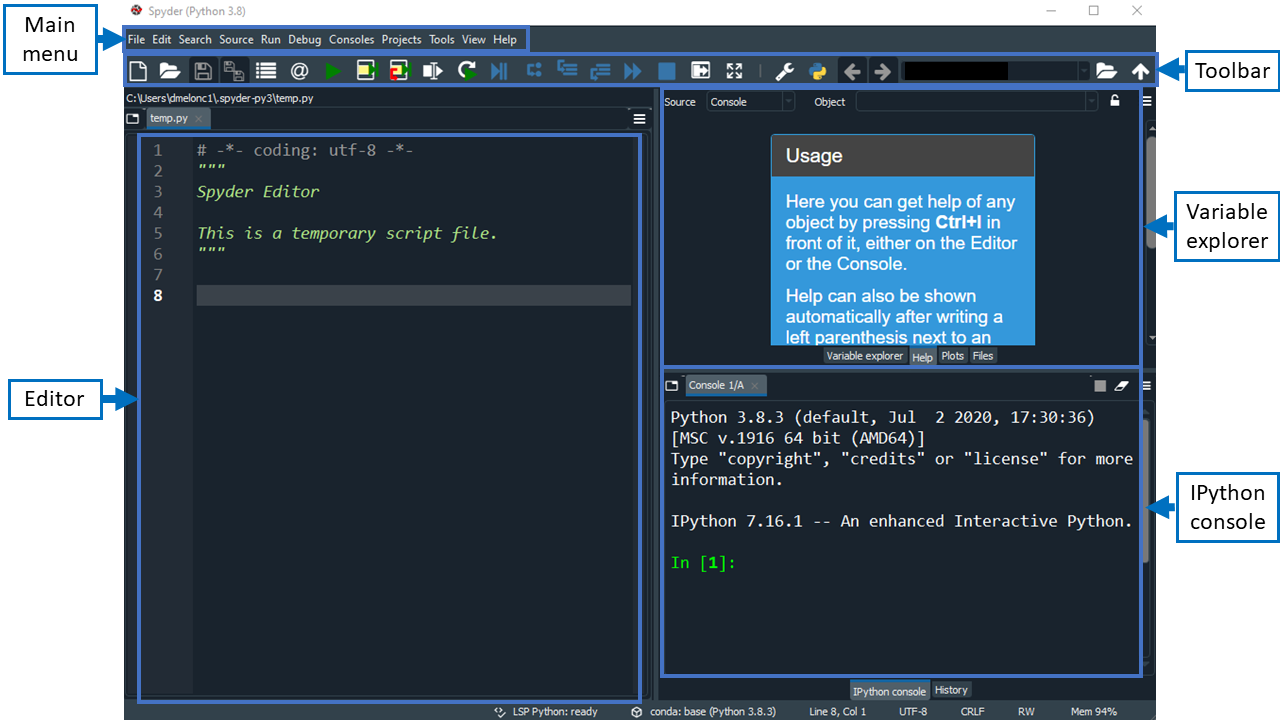 Screenshot of the Spyder IDE annotated with boxes and labels for the Editor; Help, Variable Explorer, Plots, Files; and IPython Console areas