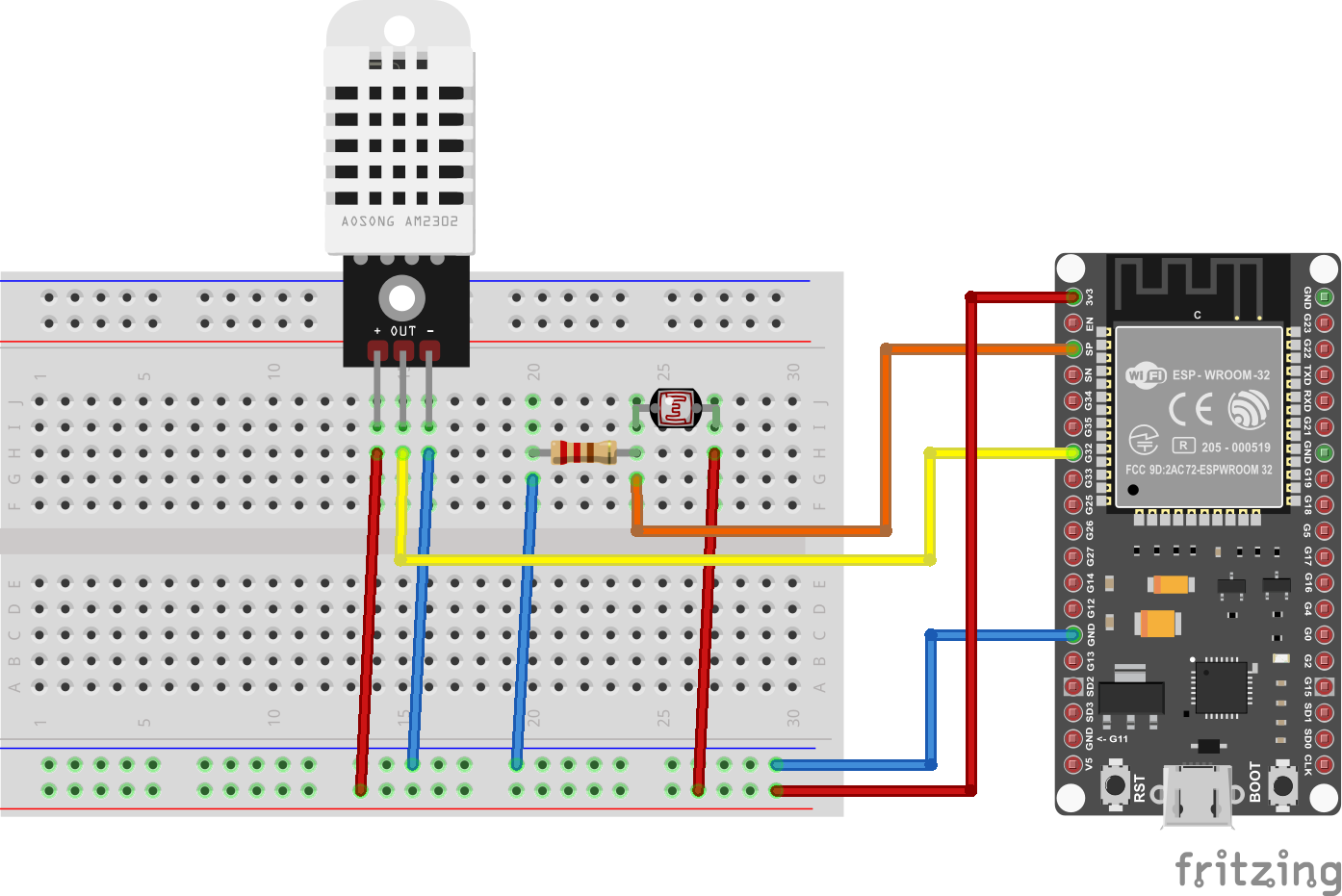 Circuit with the DHT22 temperature sensor and and LDR light for measuring light intensity