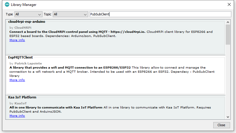 Installing the PubSubClient library for MQTT messaging