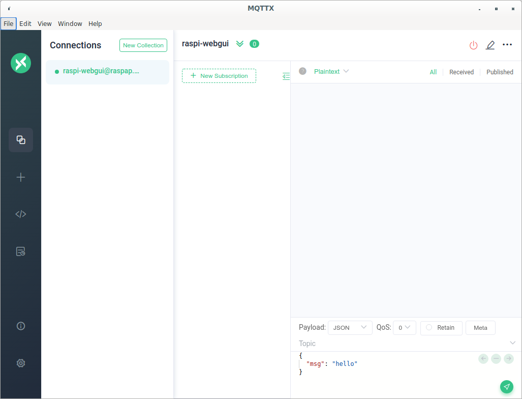 MQTTX connected to broker