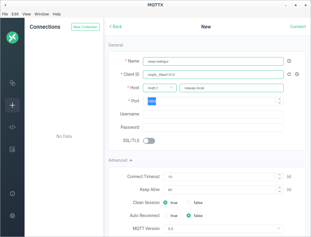 New connection in MQTTX