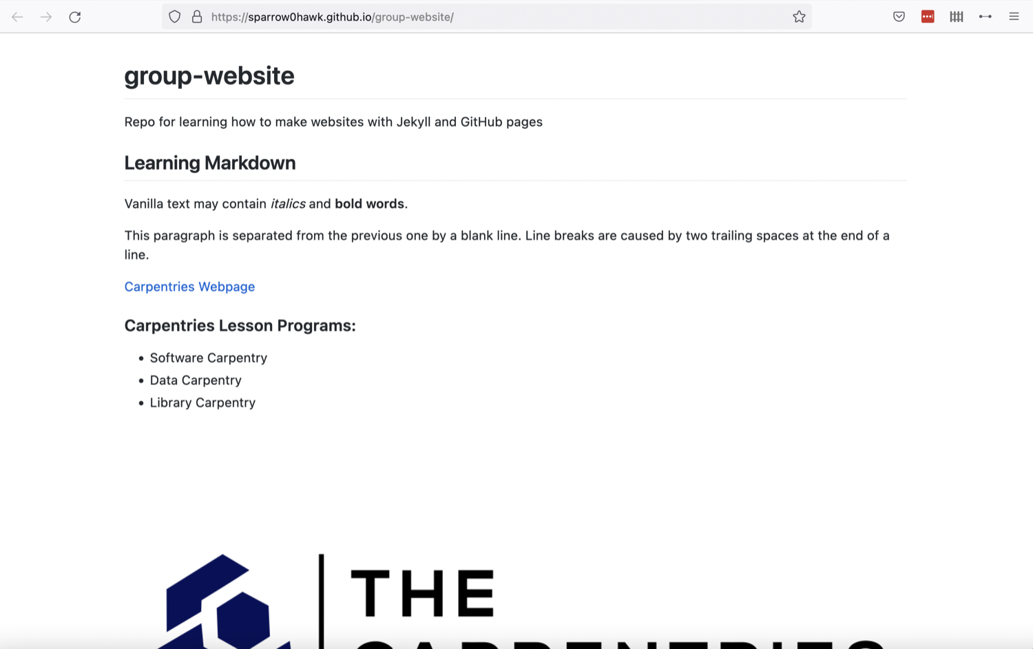 Our first website rendered by GitHub and showing the contents of README