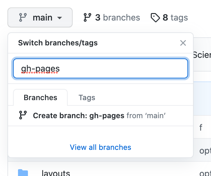 GitHub branching dropdown menu with gh-pages typed in box