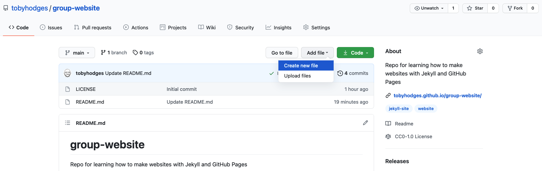 Create a new file button in the GitHub interface