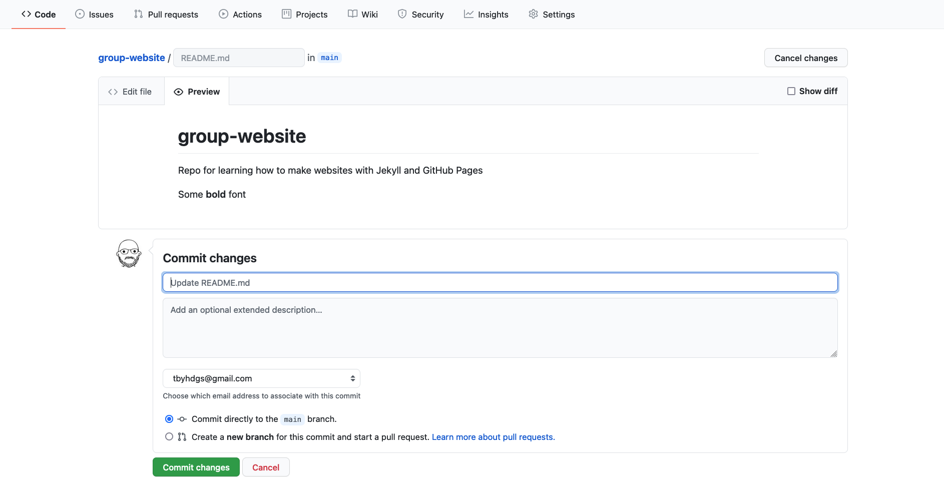 Commit menu for changes done in the GitHub web interface is located at the bottom of the website