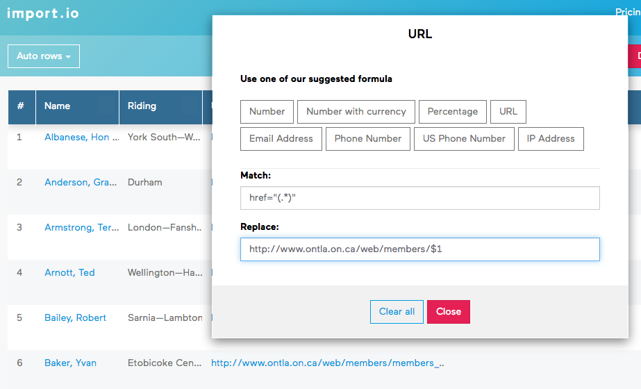 Using a regular expression on import.io