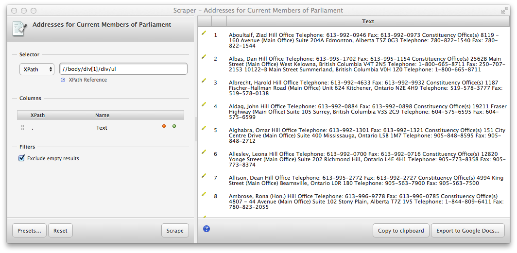 Screenshot of the Scraper window trying to scrape addresses