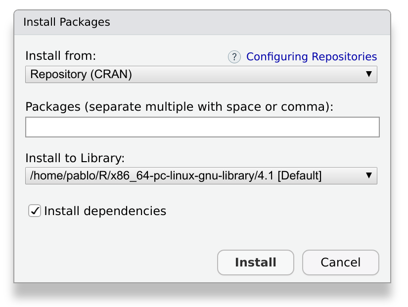 A screenshot of a window dialog in Rstudio, labeled 'Install Packages'