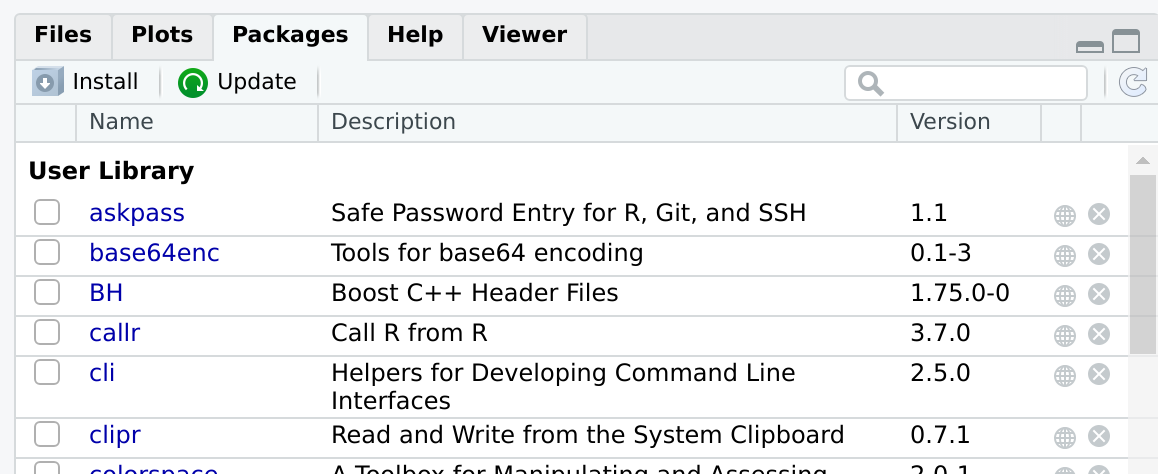 a screenshot of the Packages tab in Rstudio