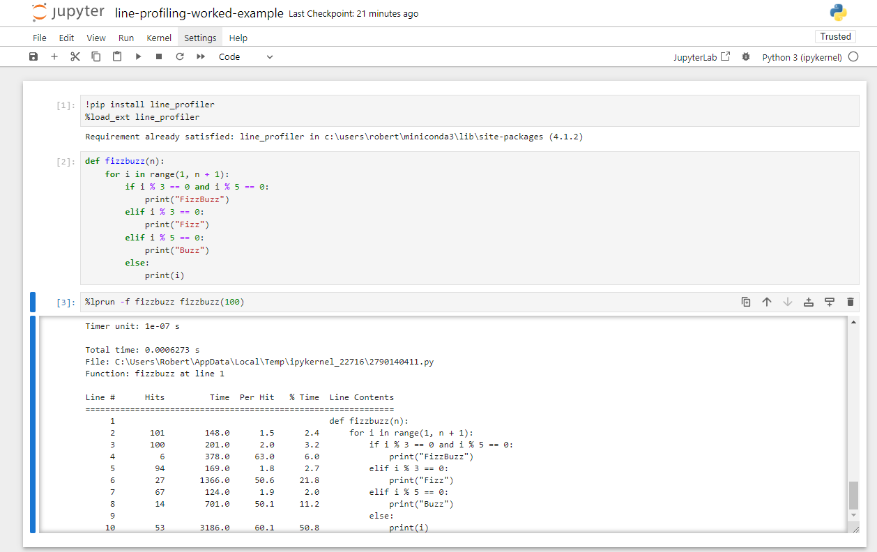 A screenshot of the line_profiler output from the previous code block inside a Jupyter notebook.