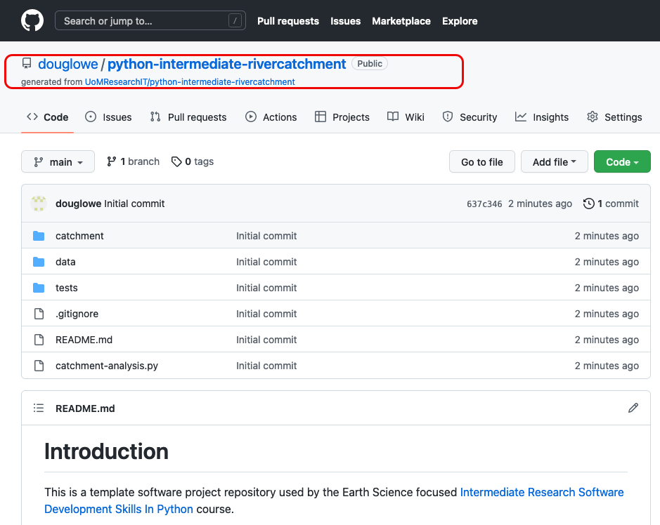 View of the own copy of the software template repository in GitHub