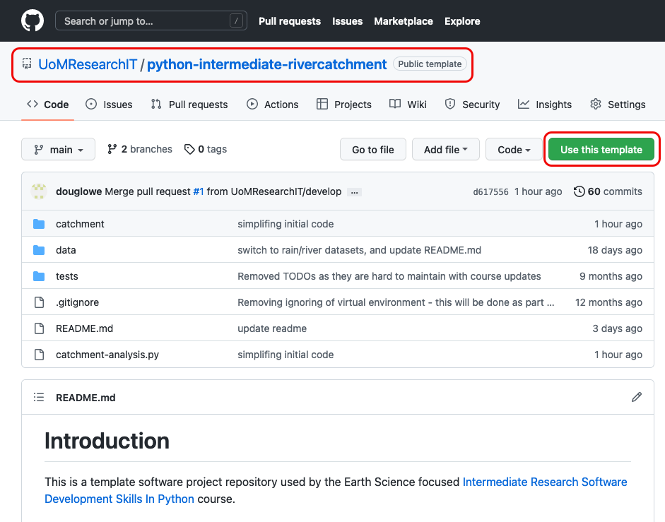 Software project template repository in GitHub