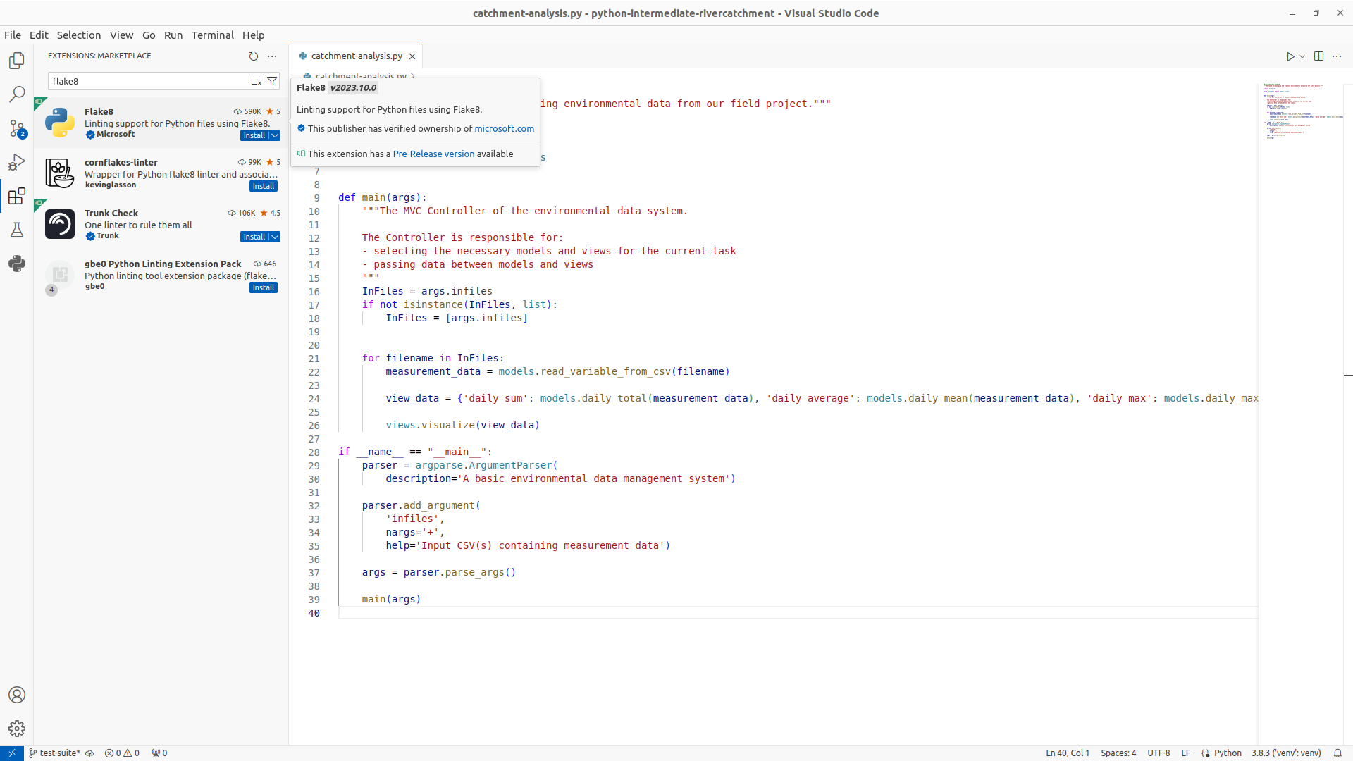 View of selecting the Flake8 Extension for VS Code