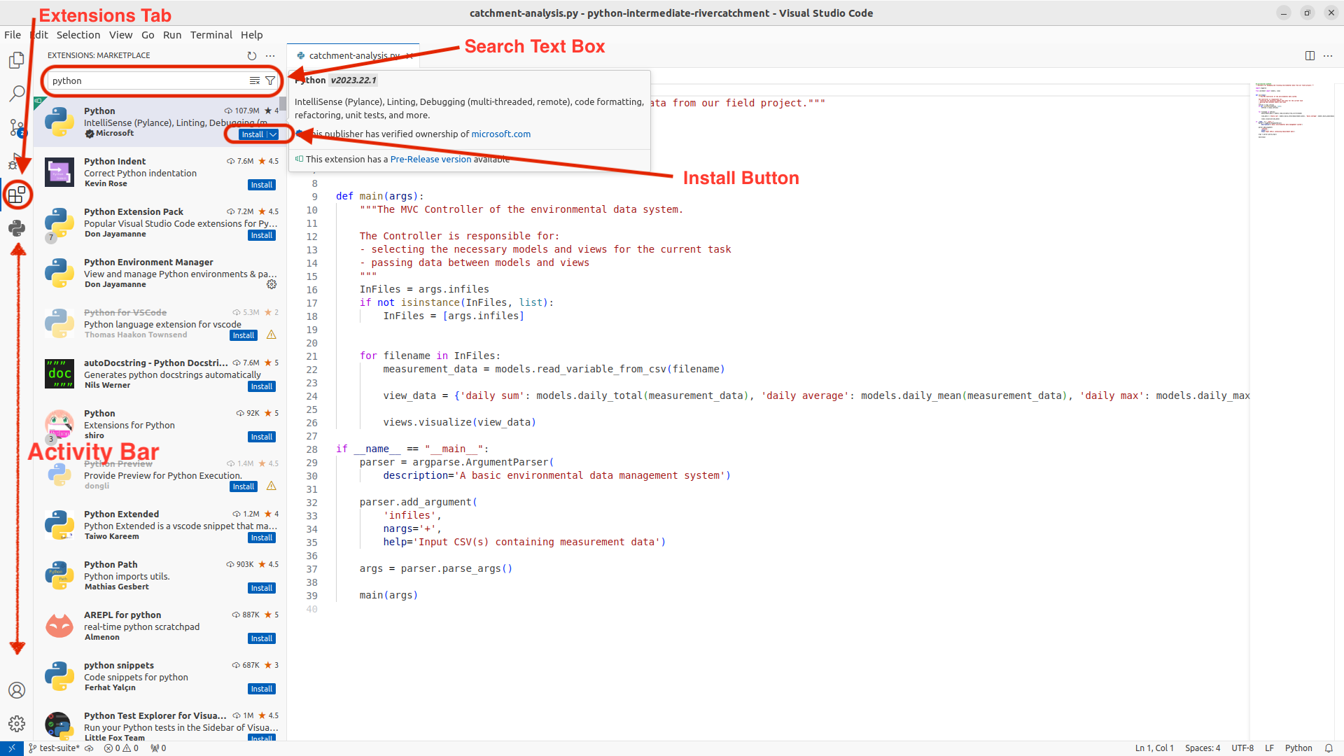 View of selecting the Python Extension for VS Code