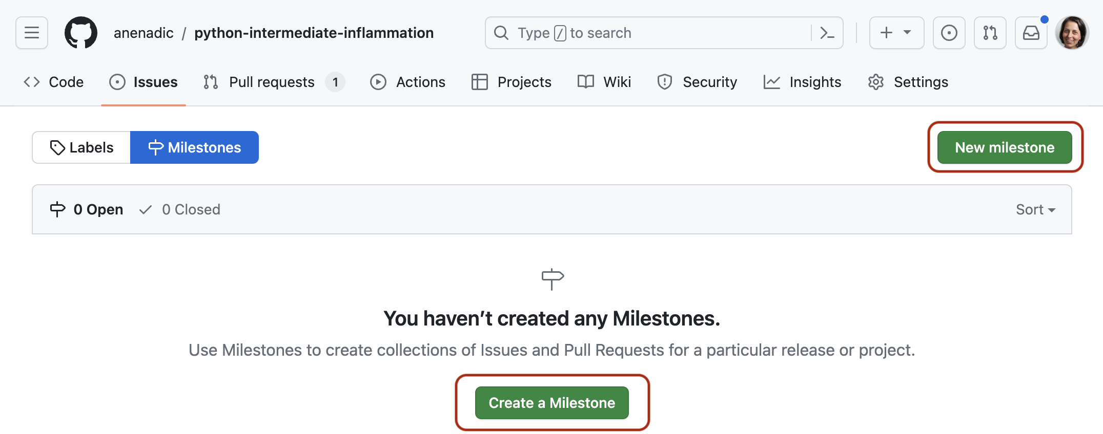 Create a milestone in GitHub