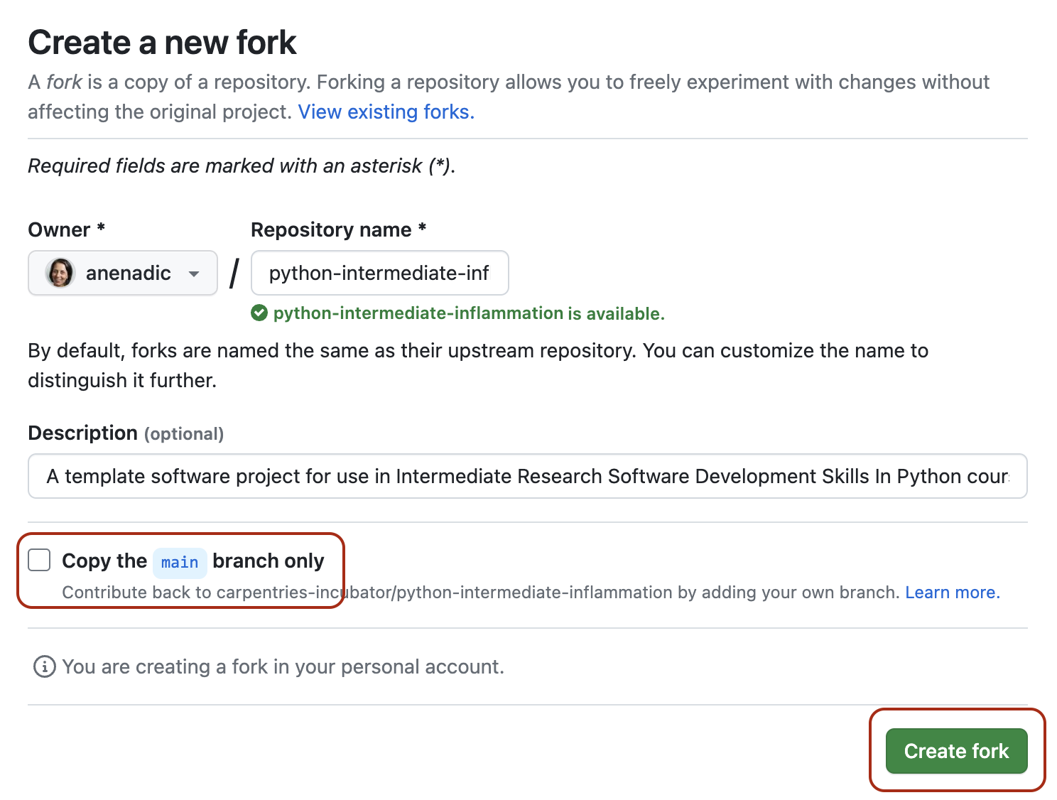 Making a fork of the software project repository in GitHub