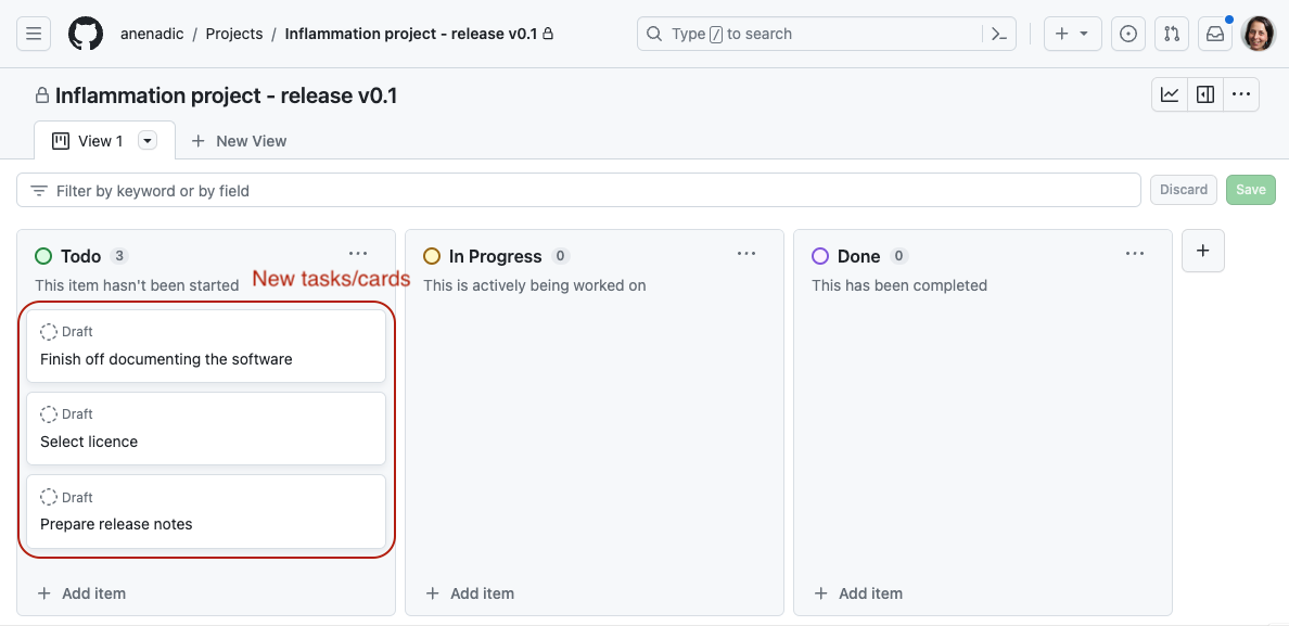 Adding issues and notes to a project board in GitHub