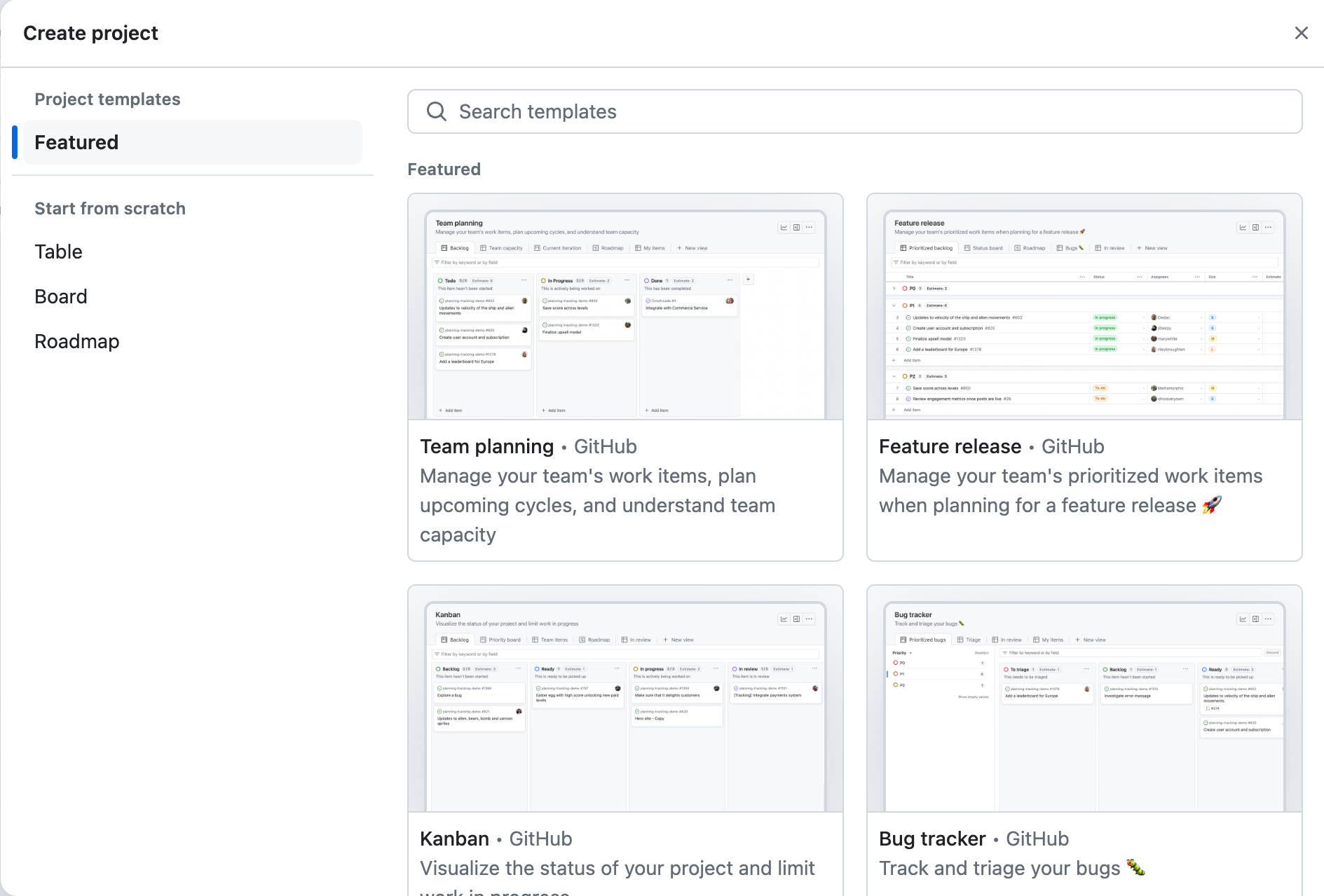 Selecting a project board template in GitHub