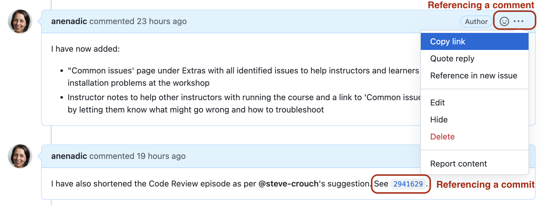 Referencing comments and commits in GitHub