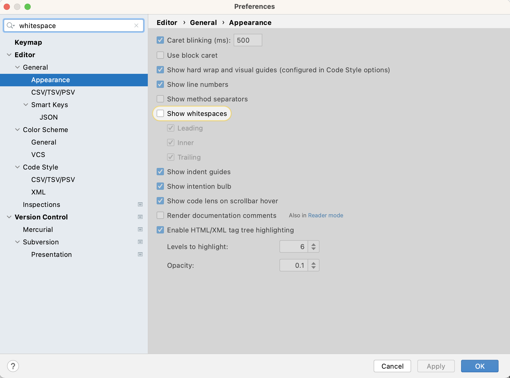 Python code whitespace settings in PyCharm