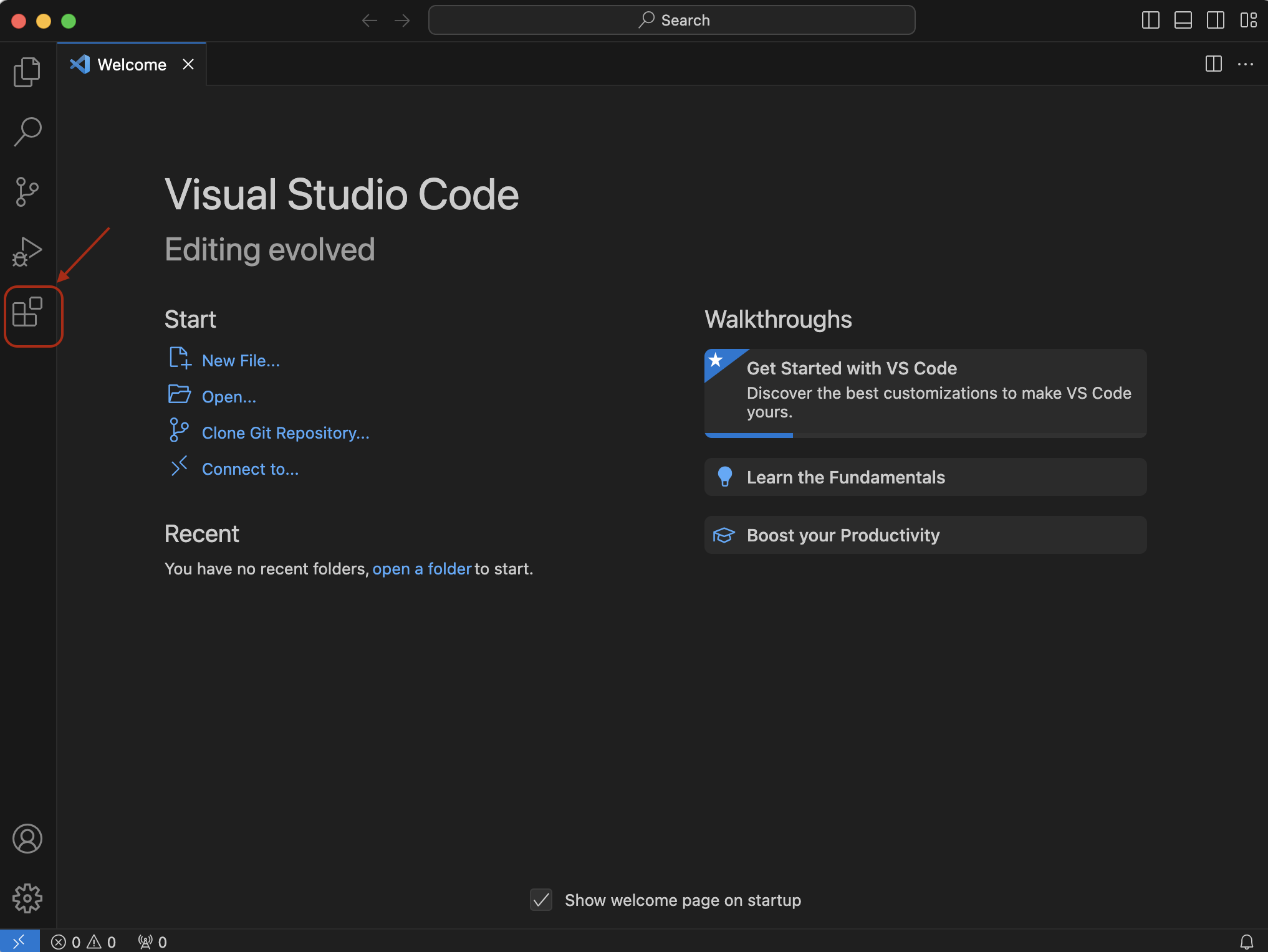 VS Code application window with the Extensions button highlighted