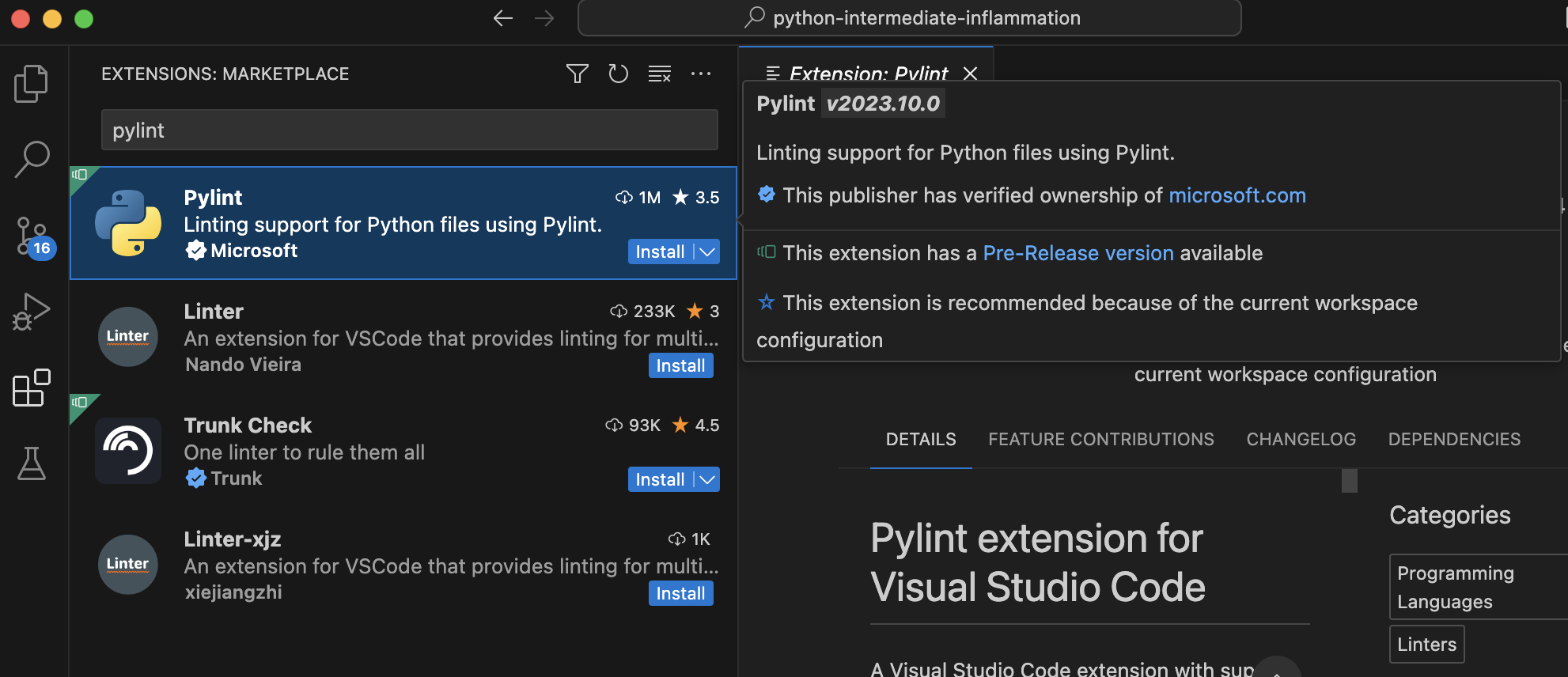 VS Code Extensions Panel showing searching for pylint extension