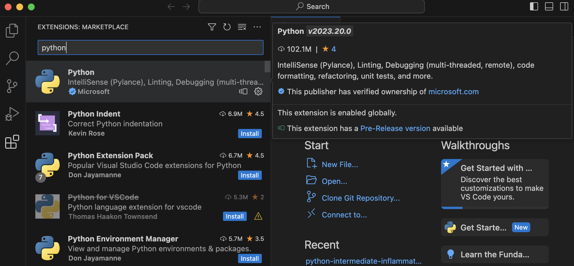 VS Code application with the list of extensions found by search term "python"