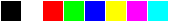 Row of 8 squares colored black, white, red, lime green, blue, yellow, fuchsia, and cyan