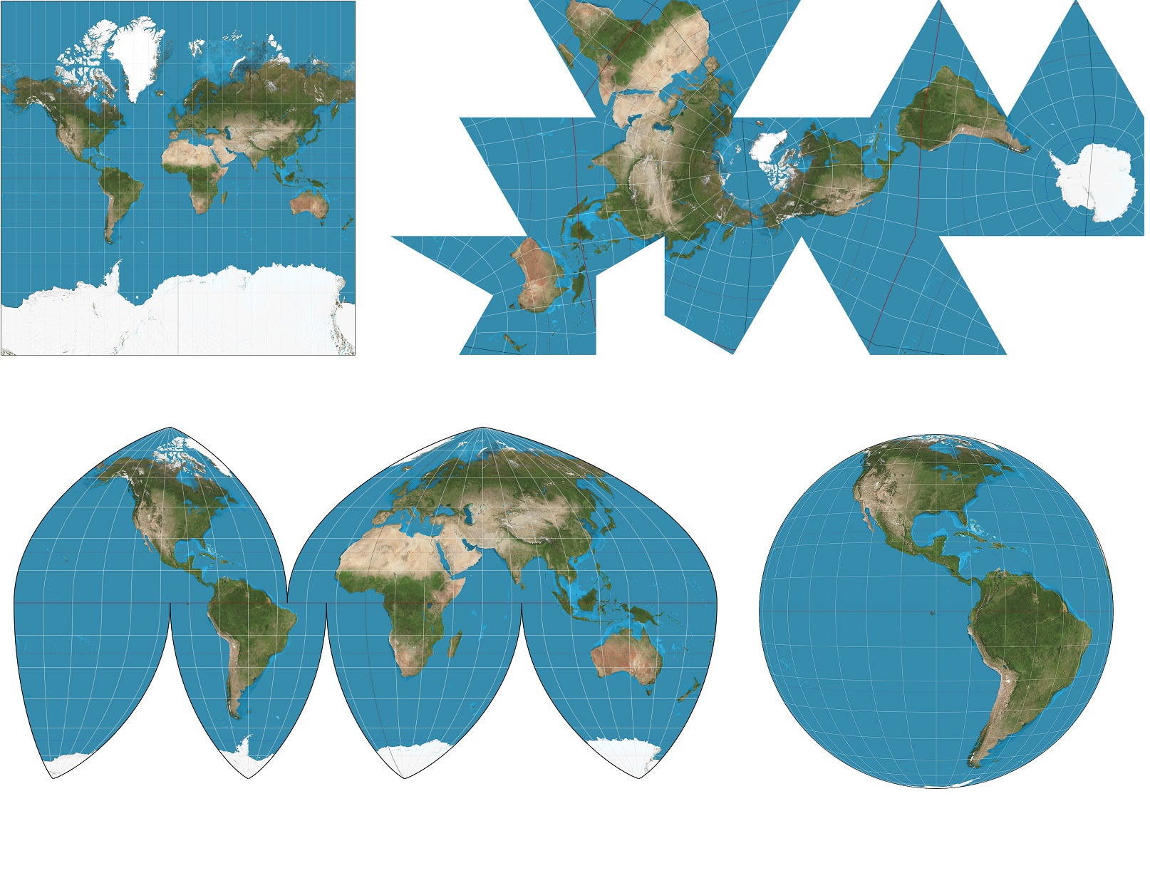 Maps with different projections of the Earth