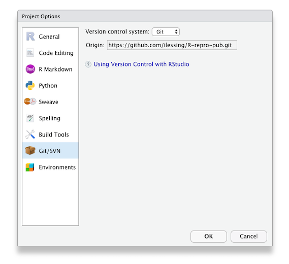 RSTudio Project Options Git/SVN