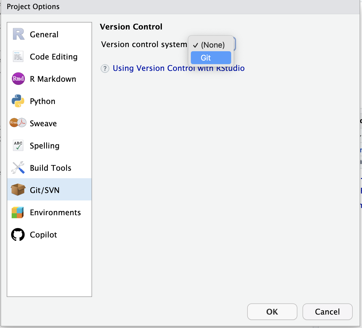 Initializing version control in RStudio Project