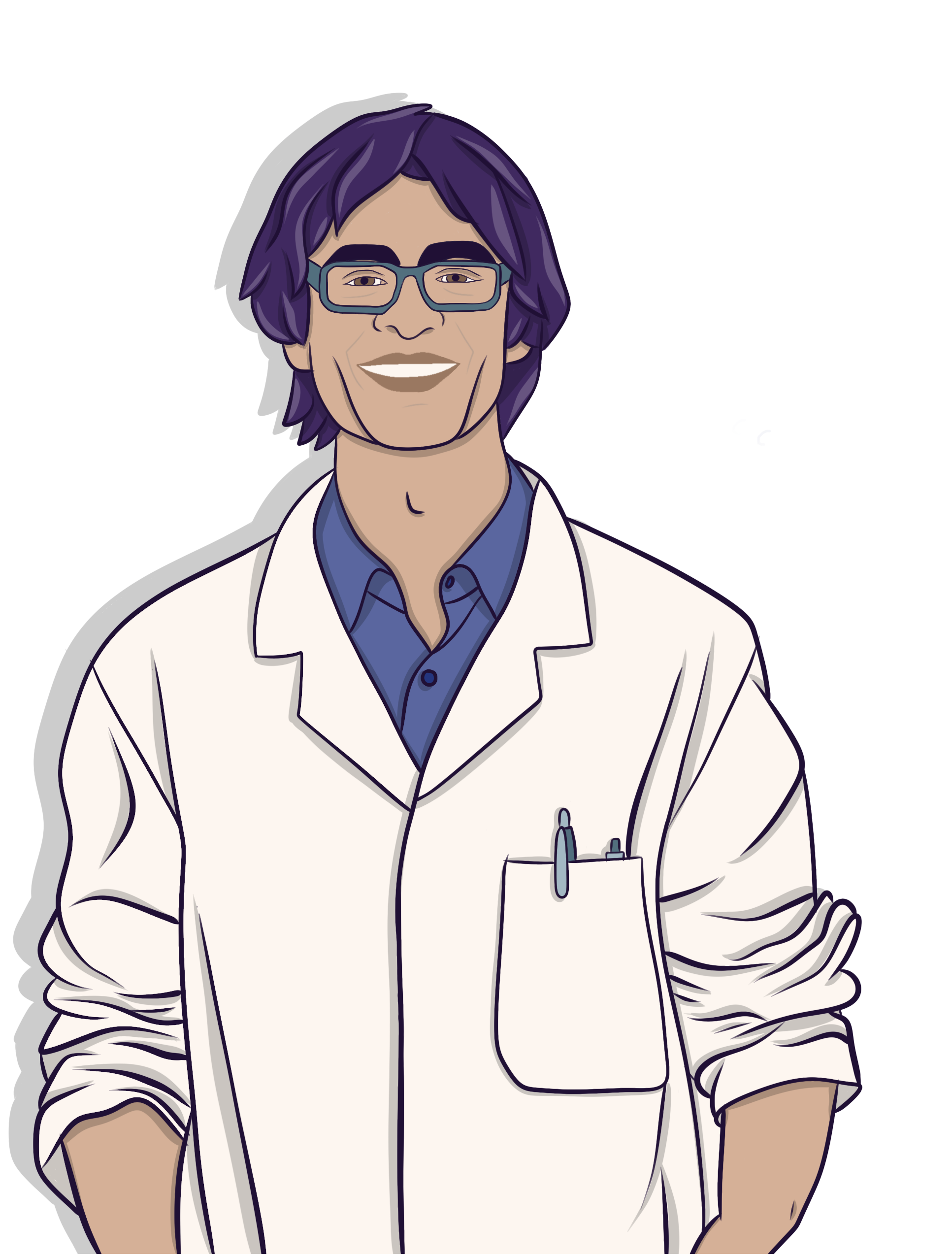 Smiling young man in lab coat.